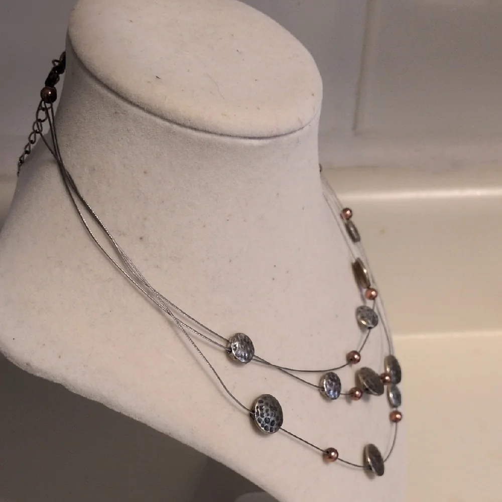 Vintage Gold Silver and Bronze Hammered‎ Beaded Wire Necklace 14